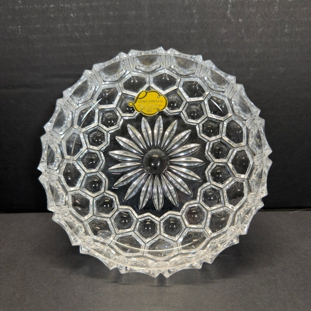 Vintage German Lead Crystal Candy Dish Starburst Cut Glass Sawtooth Bowl